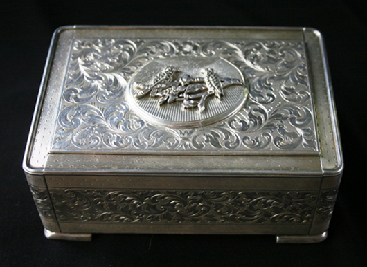 Circa-1920 Jaeger Le Coultre gem-set silver gilt box with singing bird automaton. Est. $10,000-$15,000. Ravenswick image.